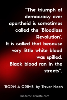 The triumph of democracy over apartheid is sometimes called the Bloodless Revolution. It is called that because very little white blood was spilled. Black blood ran in the streets.